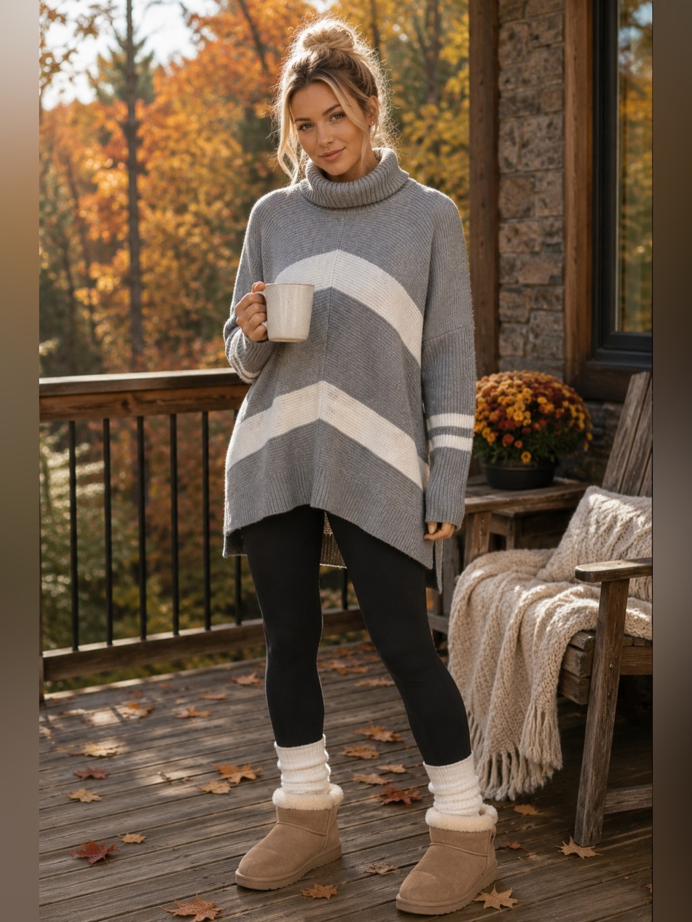 Women’s Turtleneck Long Sweater Gray and White Chevron Long Oversized
